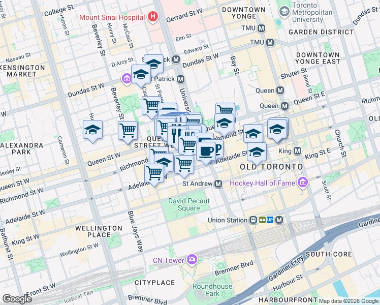 map of restaurants, bars, coffee shops, grocery stores, and more near 140 Simcoe Street in Toronto