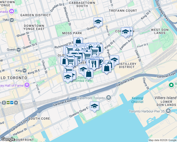 map of restaurants, bars, coffee shops, grocery stores, and more near 60 Princess Street in Toronto