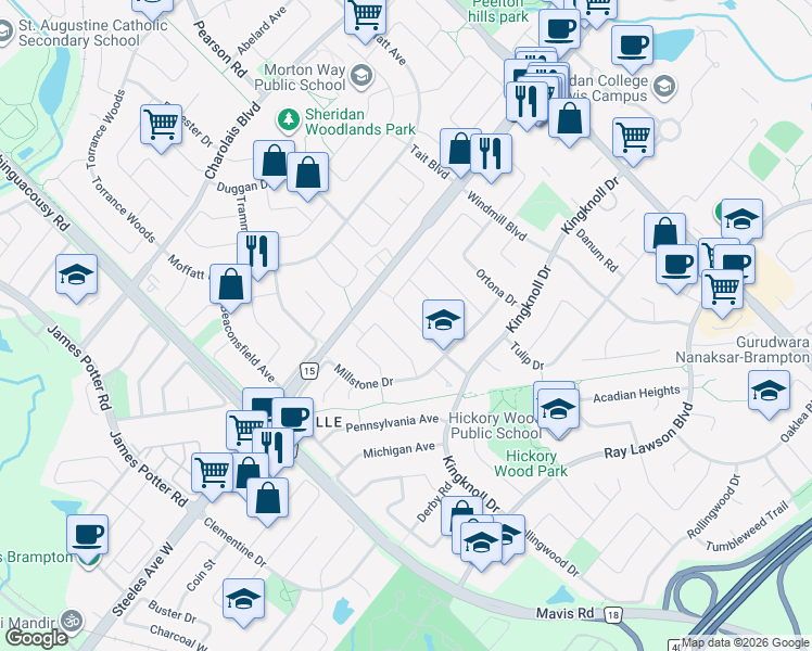 map of restaurants, bars, coffee shops, grocery stores, and more near 89 Creditstone Road in Brampton