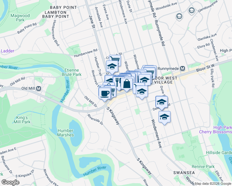 map of restaurants, bars, coffee shops, grocery stores, and more near 2434 Bloor Street West in Toronto