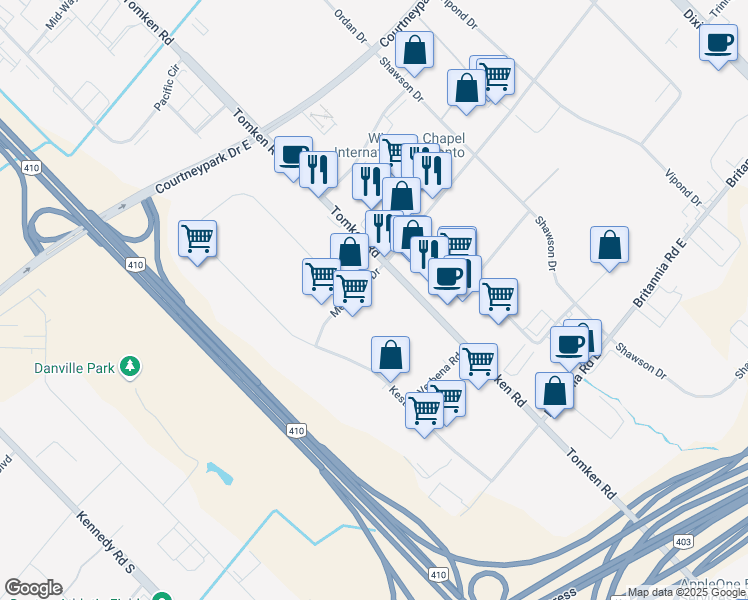 map of restaurants, bars, coffee shops, grocery stores, and more near 946 Meyerside Drive in Mississauga
