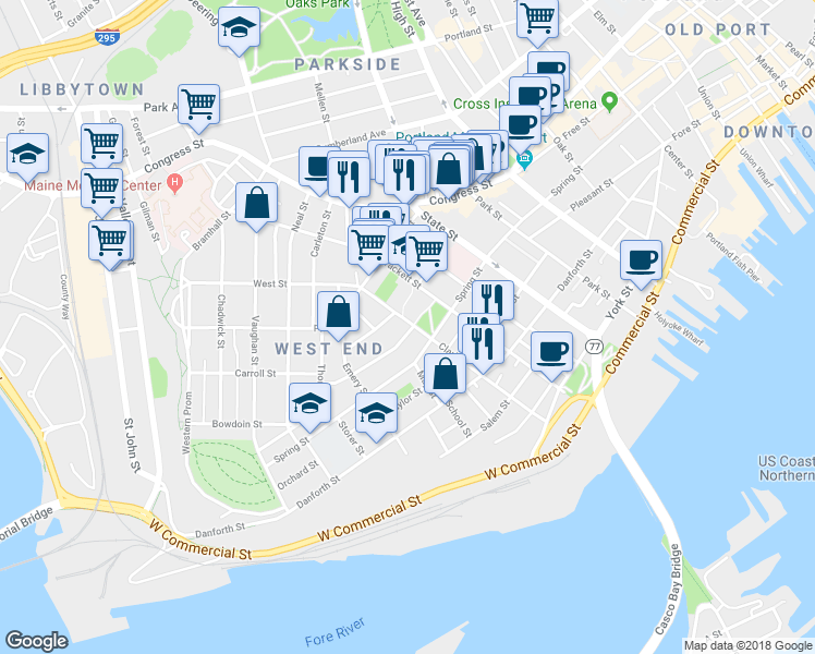 map of restaurants, bars, coffee shops, grocery stores, and more near 148 Clark Street in Portland