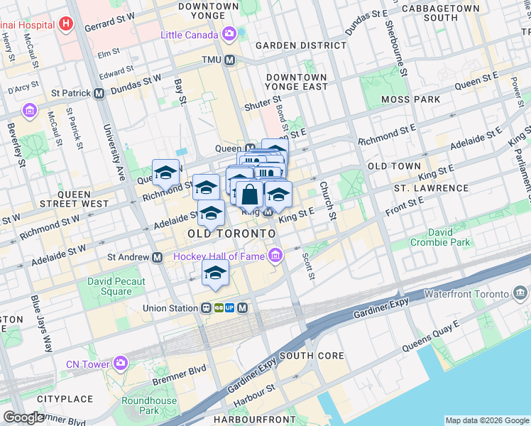 map of restaurants, bars, coffee shops, grocery stores, and more near 100 Yonge Street in Toronto