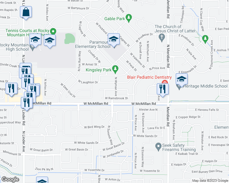 map of restaurants, bars, coffee shops, grocery stores, and more near 605 West Archerfield Street in Meridian