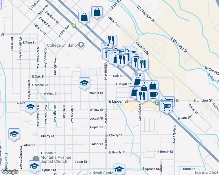 map of restaurants, bars, coffee shops, grocery stores, and more near 2223 South Indiana Avenue in Caldwell
