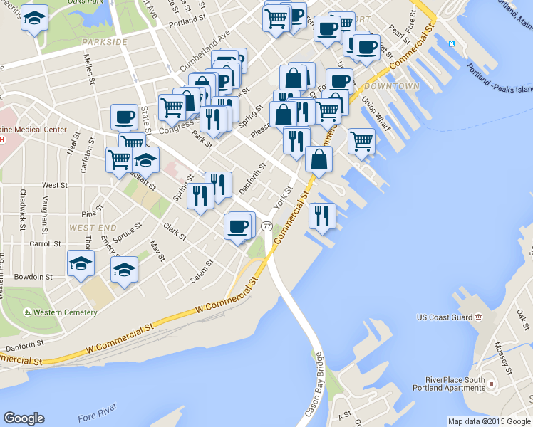 map of restaurants, bars, coffee shops, grocery stores, and more near 14 Stetson Court in Portland