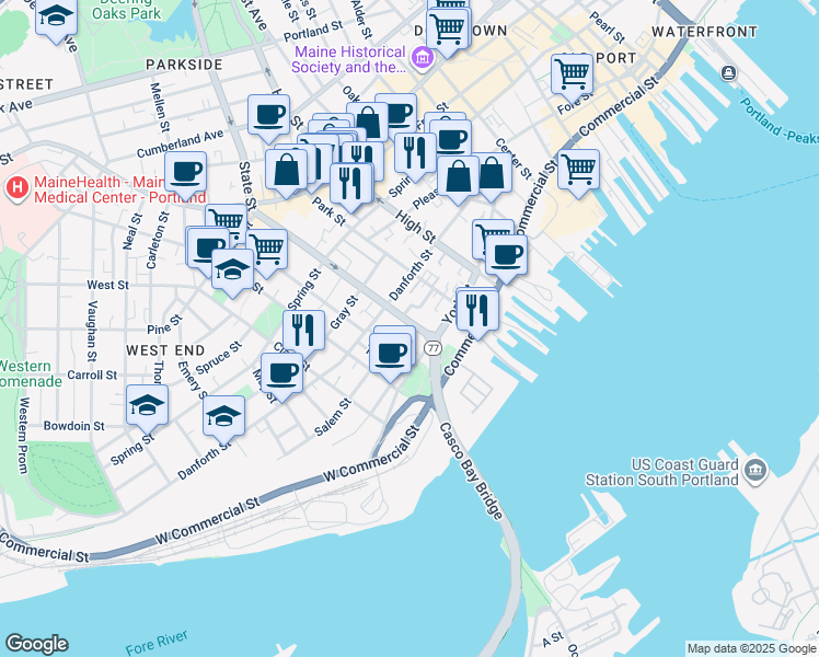 map of restaurants, bars, coffee shops, grocery stores, and more near 62 State Street in Portland