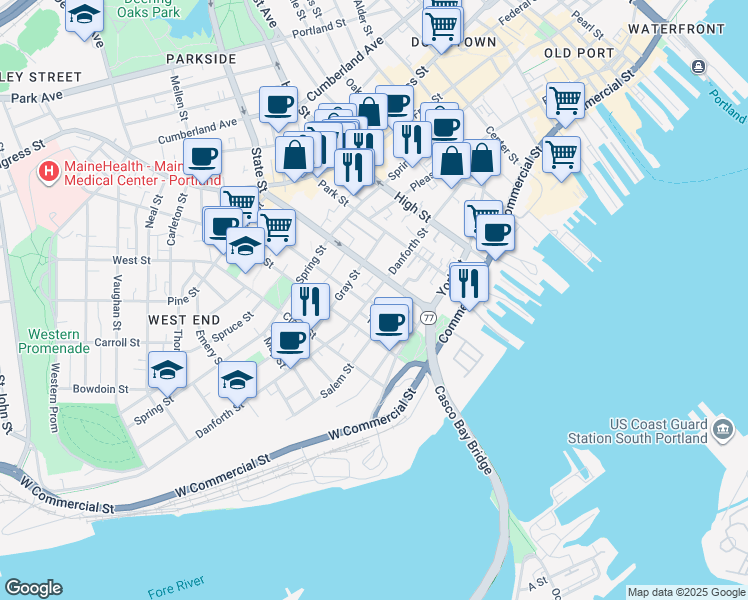 map of restaurants, bars, coffee shops, grocery stores, and more near 62 State Street in Portland