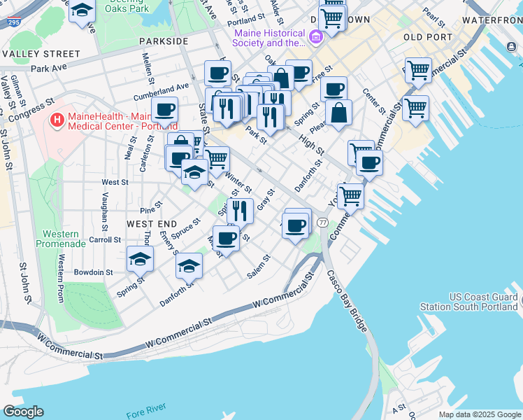 map of restaurants, bars, coffee shops, grocery stores, and more near 15 Winter Street in Portland