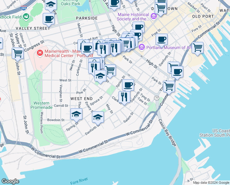 map of restaurants, bars, coffee shops, grocery stores, and more near in Portland