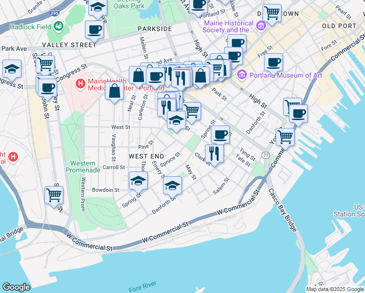 map of restaurants, bars, coffee shops, grocery stores, and more near 162 Clark Street in Portland