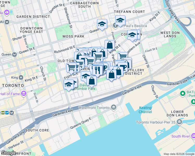 map of restaurants, bars, coffee shops, grocery stores, and more near 222 The Esplanade in Toronto