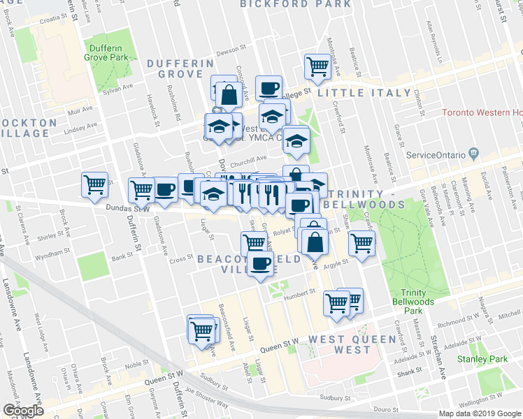 map of restaurants, bars, coffee shops, grocery stores, and more near 1255 Dundas Street West in Toronto