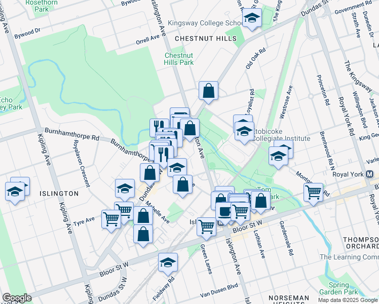 map of restaurants, bars, coffee shops, grocery stores, and more near 1320 Islington Avenue in Toronto