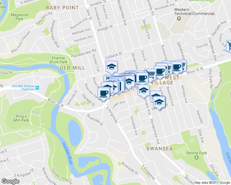 map of restaurants, bars, coffee shops, grocery stores, and more near 2402 Bloor Street West in Toronto
