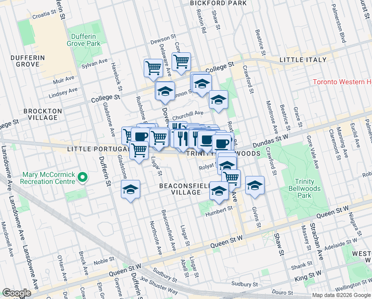map of restaurants, bars, coffee shops, grocery stores, and more near 1238 Dundas Street East in Toronto