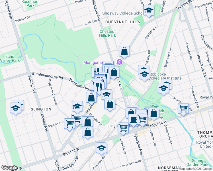 map of restaurants, bars, coffee shops, grocery stores, and more near 4869 Dundas Street West in Toronto