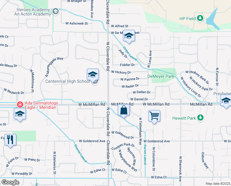 map of restaurants, bars, coffee shops, grocery stores, and more near 4890 North Cloverdale Road in Boise