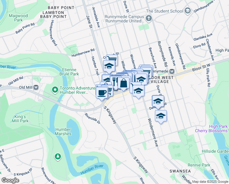 map of restaurants, bars, coffee shops, grocery stores, and more near 2428 Bloor Street West in Toronto