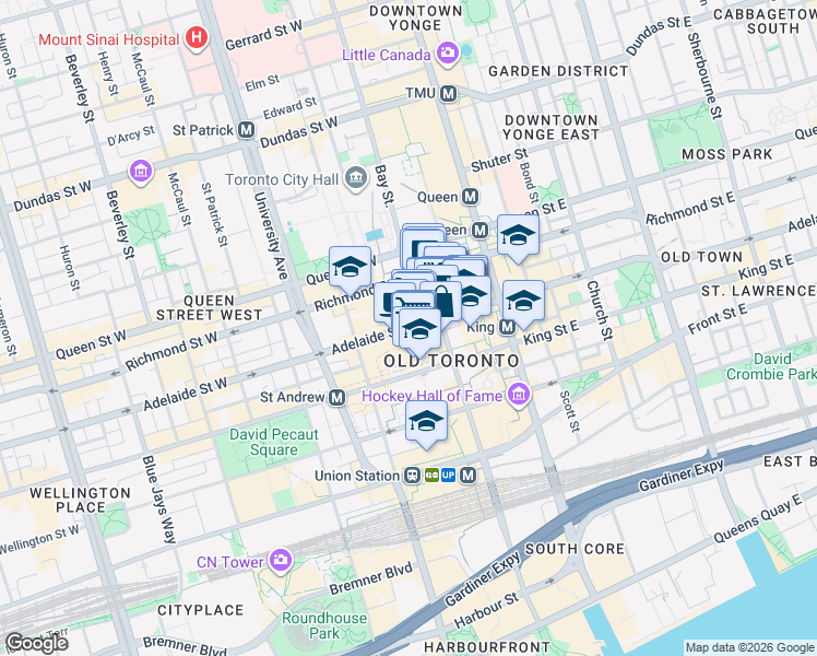 map of restaurants, bars, coffee shops, grocery stores, and more near Adelaide Street West in Toronto