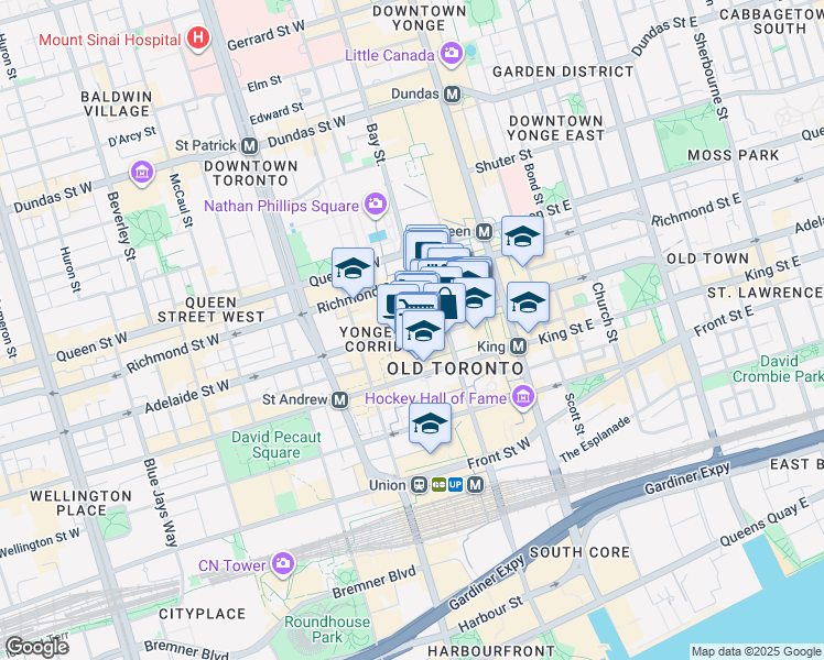 map of restaurants, bars, coffee shops, grocery stores, and more near Adelaide Street West in Toronto