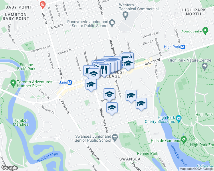 map of restaurants, bars, coffee shops, grocery stores, and more near 1 Ostend Avenue in Toronto