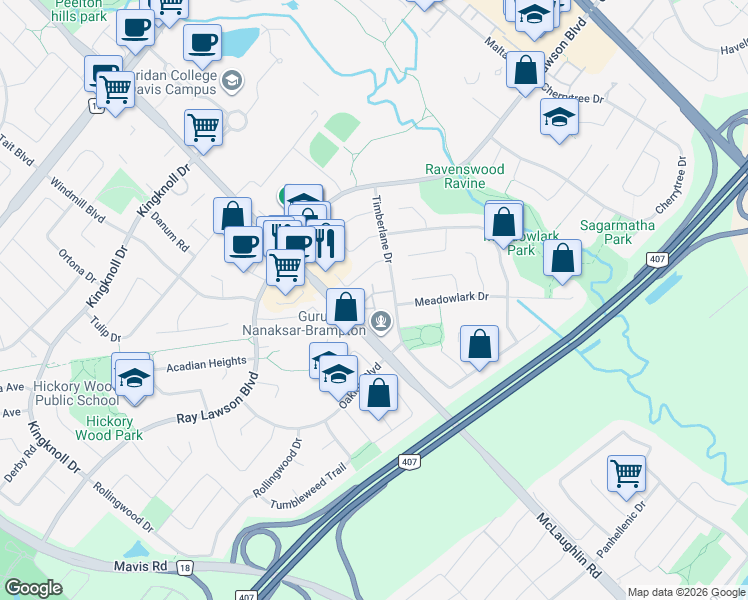 map of restaurants, bars, coffee shops, grocery stores, and more near Garden Gate Circle in Brampton