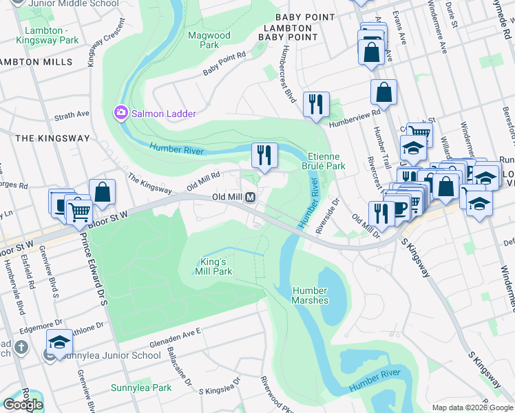 map of restaurants, bars, coffee shops, grocery stores, and more near 2662 Bloor Street West in Toronto