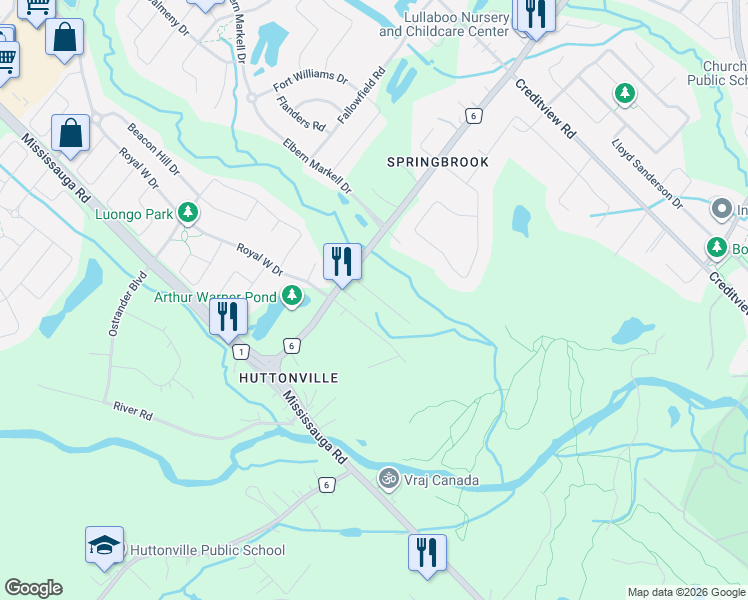 map of restaurants, bars, coffee shops, grocery stores, and more near 28 Folcroft Street in Brampton