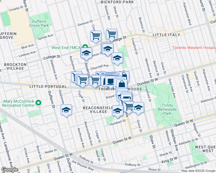 map of restaurants, bars, coffee shops, grocery stores, and more near 5 Lakeview Avenue in Toronto