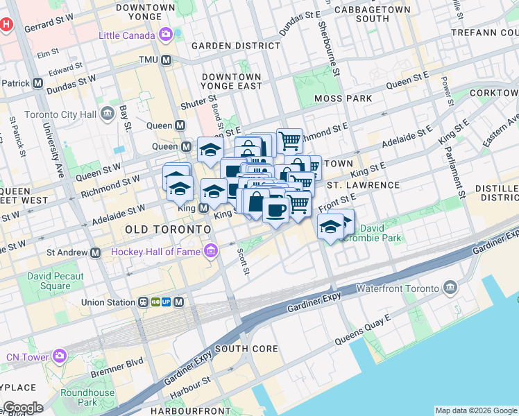 map of restaurants, bars, coffee shops, grocery stores, and more near 95 King Street East in Toronto