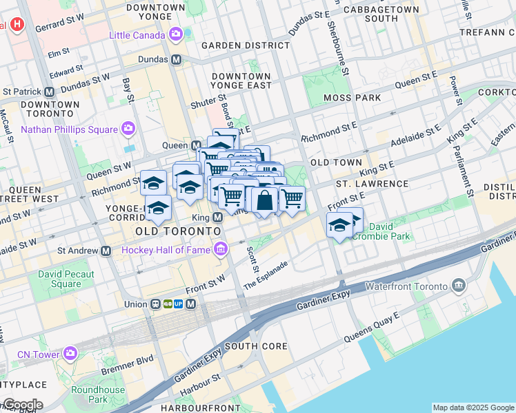 map of restaurants, bars, coffee shops, grocery stores, and more near 55 Adelaide Street East in Toronto