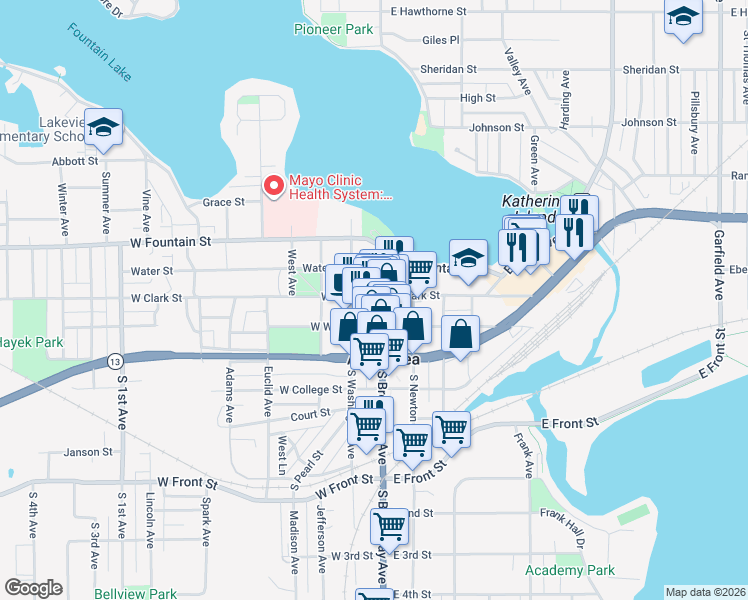 map of restaurants, bars, coffee shops, grocery stores, and more near 110 West Clark Street in Albert Lea