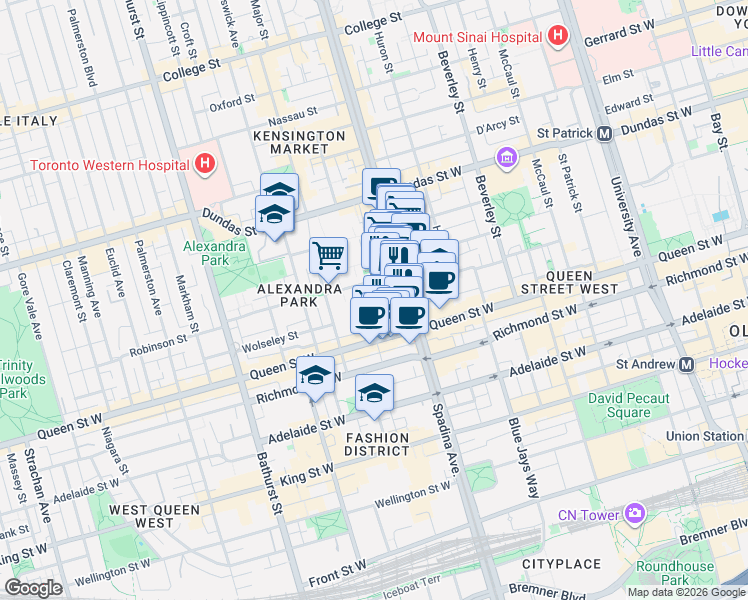 map of restaurants, bars, coffee shops, grocery stores, and more near 38 Cameron Street in Toronto