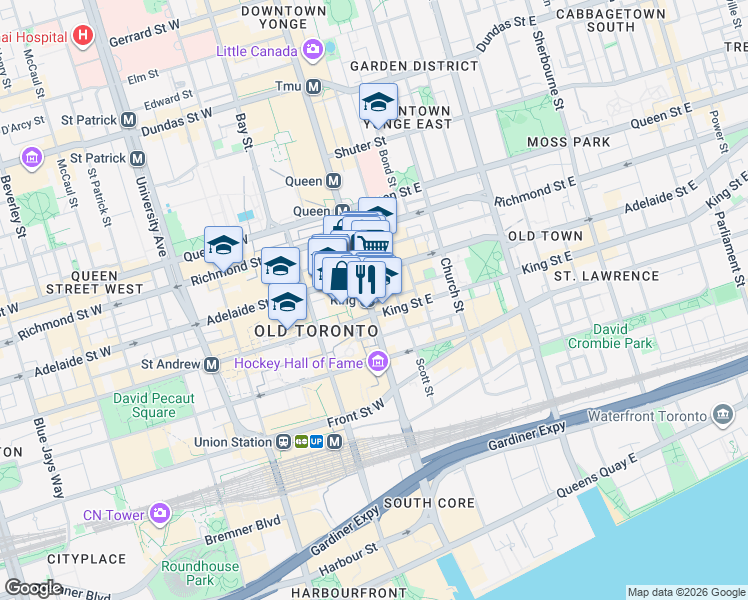 map of restaurants, bars, coffee shops, grocery stores, and more near 4 King Street West in Toronto