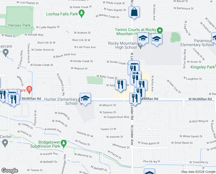 map of restaurants, bars, coffee shops, grocery stores, and more near 1899 West Apgar Creek Drive in Meridian