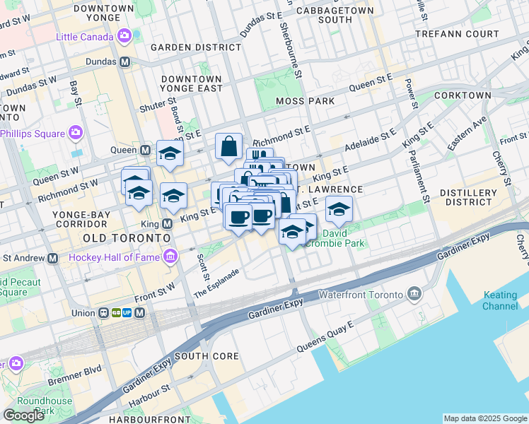 map of restaurants, bars, coffee shops, grocery stores, and more near 92 Front Street East in Toronto