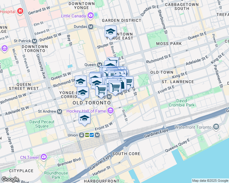 map of restaurants, bars, coffee shops, grocery stores, and more near in Toronto