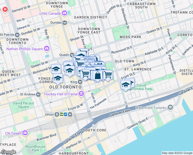 map of restaurants, bars, coffee shops, grocery stores, and more near 55 Adelaide Street East in Toronto