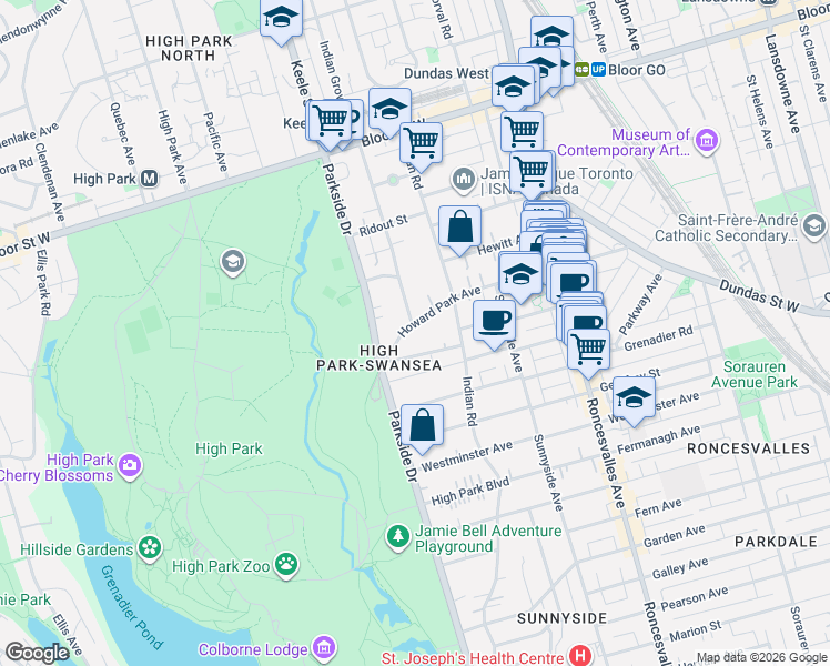 map of restaurants, bars, coffee shops, grocery stores, and more near 215 Howard Park Avenue in Toronto