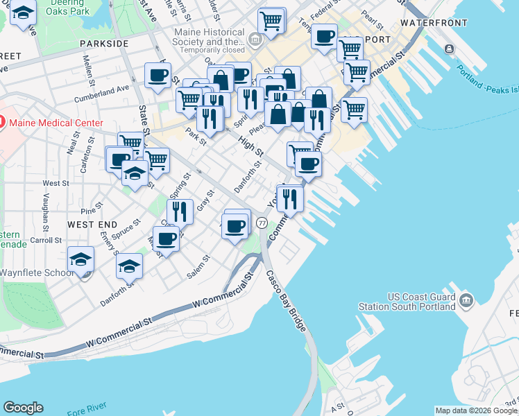 map of restaurants, bars, coffee shops, grocery stores, and more near 14 Stetson Court in Portland