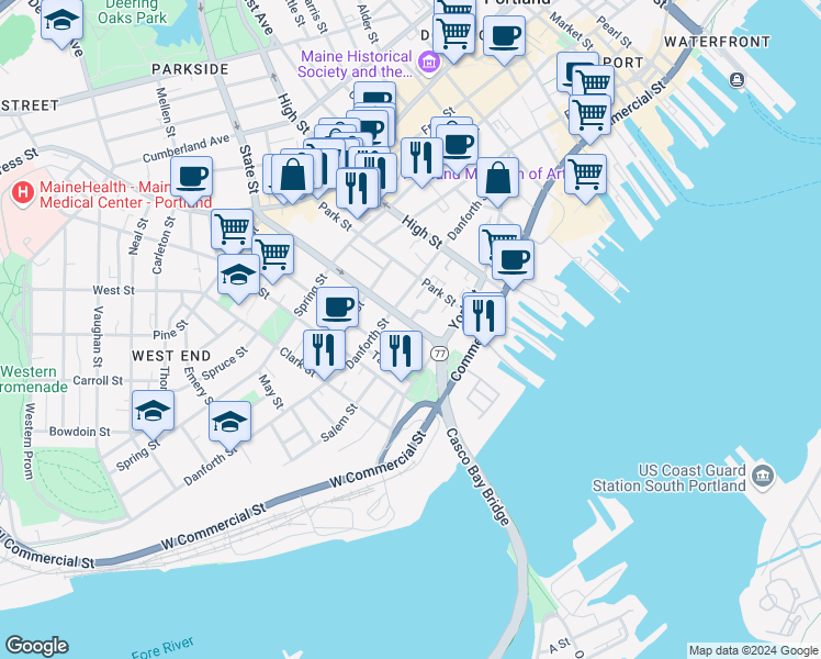map of restaurants, bars, coffee shops, grocery stores, and more near 62 State Street in Portland