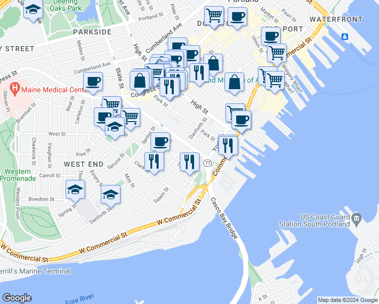 map of restaurants, bars, coffee shops, grocery stores, and more near 62 State Street in Portland