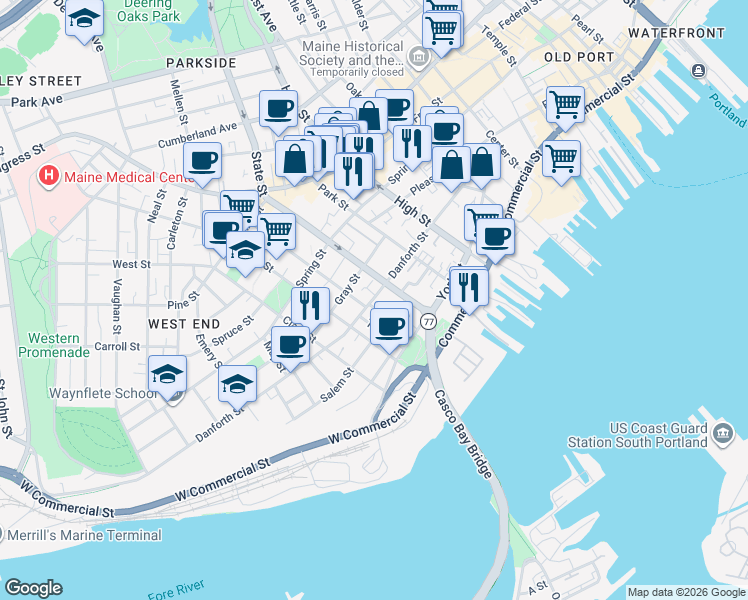 map of restaurants, bars, coffee shops, grocery stores, and more near 62 State Street in Portland