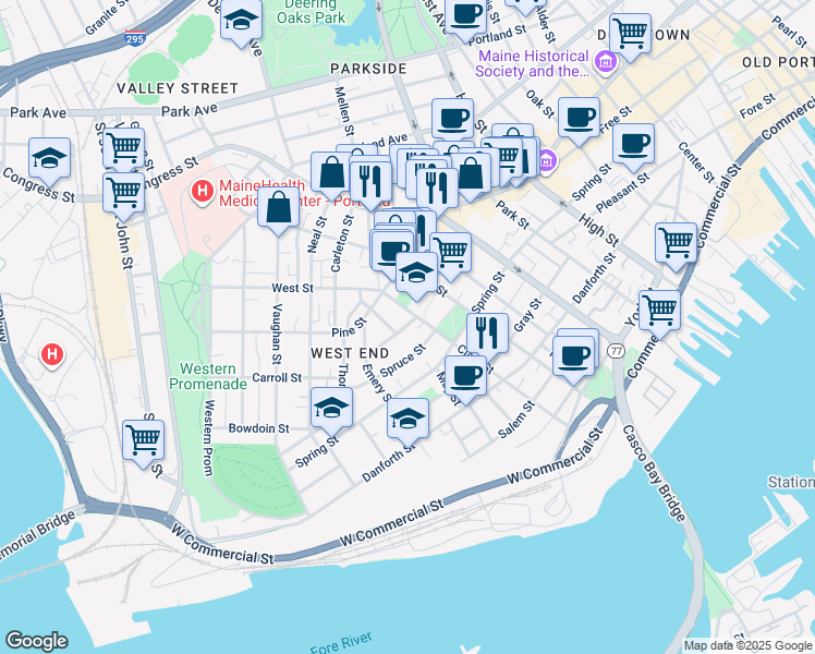 map of restaurants, bars, coffee shops, grocery stores, and more near 162 Clark Street in Portland