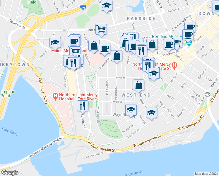 map of restaurants, bars, coffee shops, grocery stores, and more near 176 Vaughan Street in Portland