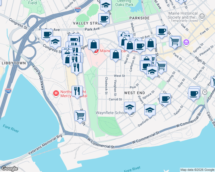 map of restaurants, bars, coffee shops, grocery stores, and more near 88 Chadwick Street in Portland