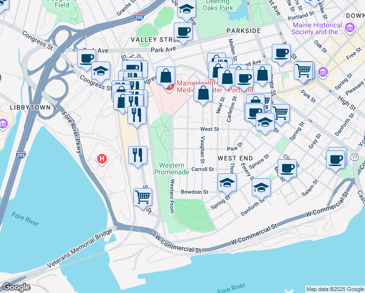 map of restaurants, bars, coffee shops, grocery stores, and more near 88 Chadwick Street in Portland