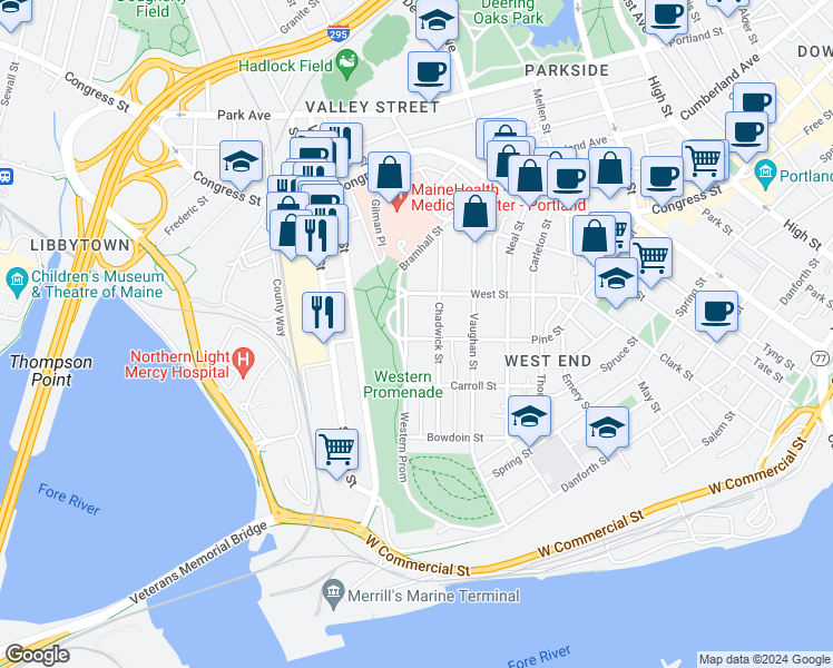 map of restaurants, bars, coffee shops, grocery stores, and more near 88 Chadwick Street in Portland