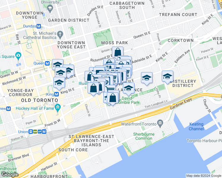 map of restaurants, bars, coffee shops, grocery stores, and more near in Toronto